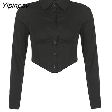 Yipinpay 2023 Autumn Y2K Sexy Long Sleeve Folds Women Shirt Street Gothic Button Ladies Crop Top Club Female Clothing Blouse Tops